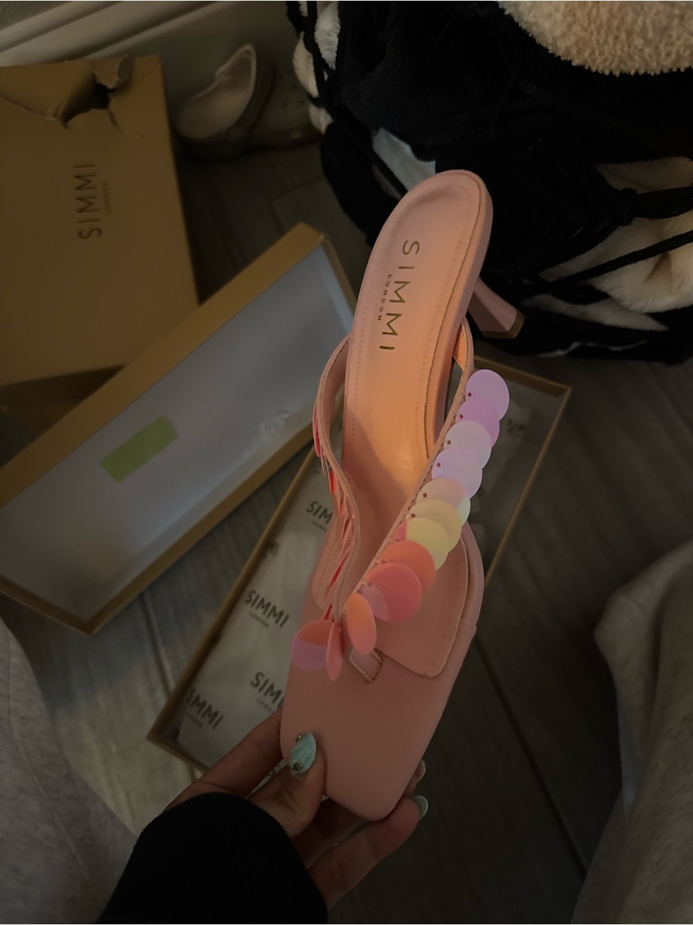 SIMMI London Pink Sequin Strap Block Heel Mule